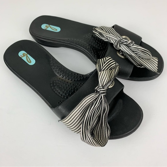 oka.b Slip On Black Slides Rubber Bow Front Tie Striped Sandals Medium - Picture 5 of 7